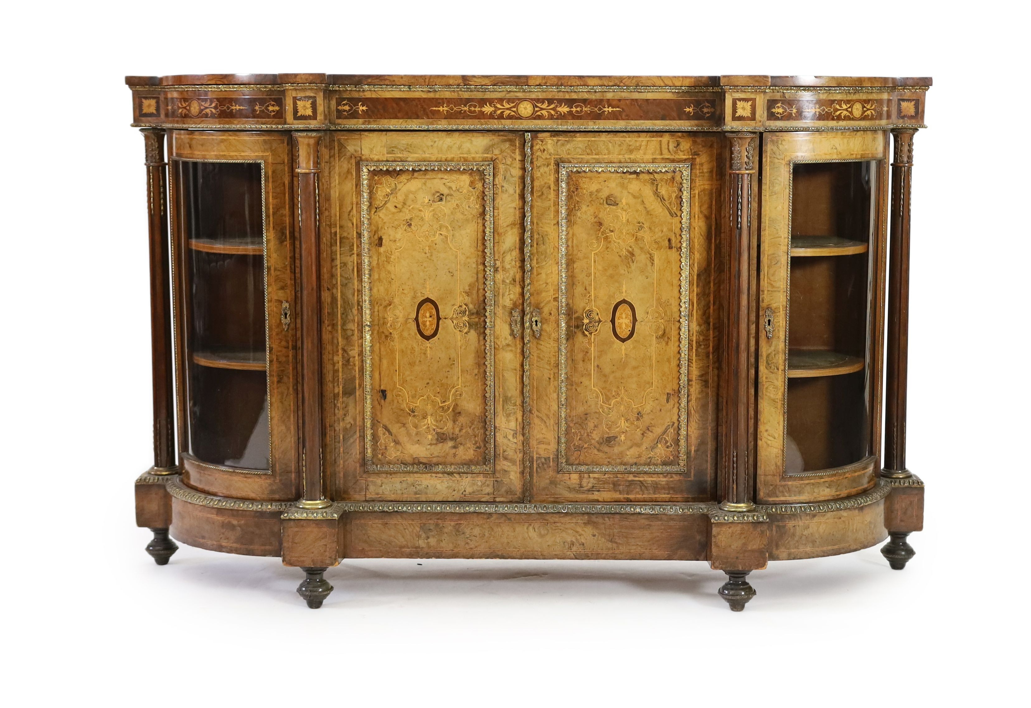 A Victorian walnut and marquetry side cabinet, W.177cm D.43cm H.112cm